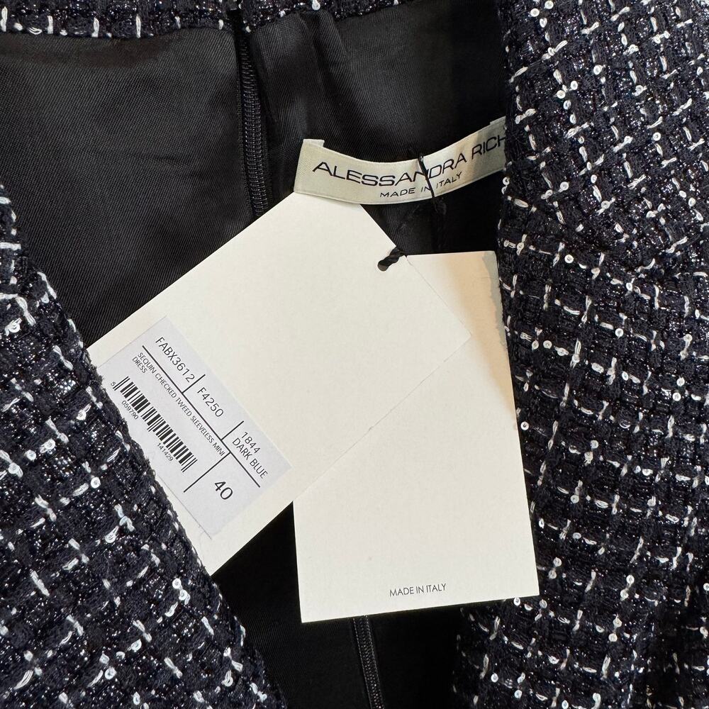 Alessandra Rich Tweed Mini Dress NEW Sequin Checked Dark Navy Sleeveless NWT 40 - Picture 6 of 7